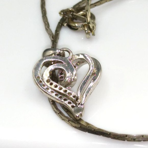 Vintage Pave CZ Heart Pendant with Double Scroll Elegant Design on Silver Tone - Picture 6 of 6